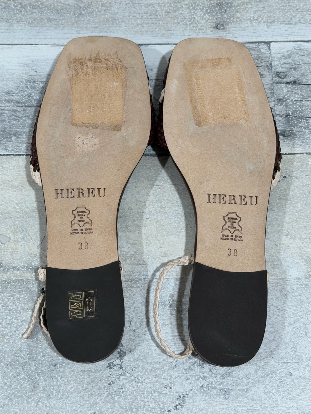 HEREU Rondaia Woven Leather Asymmetrical Sandals In Cocoa/Ivory Sz-8.US/38.EU - Picture 7 of 9